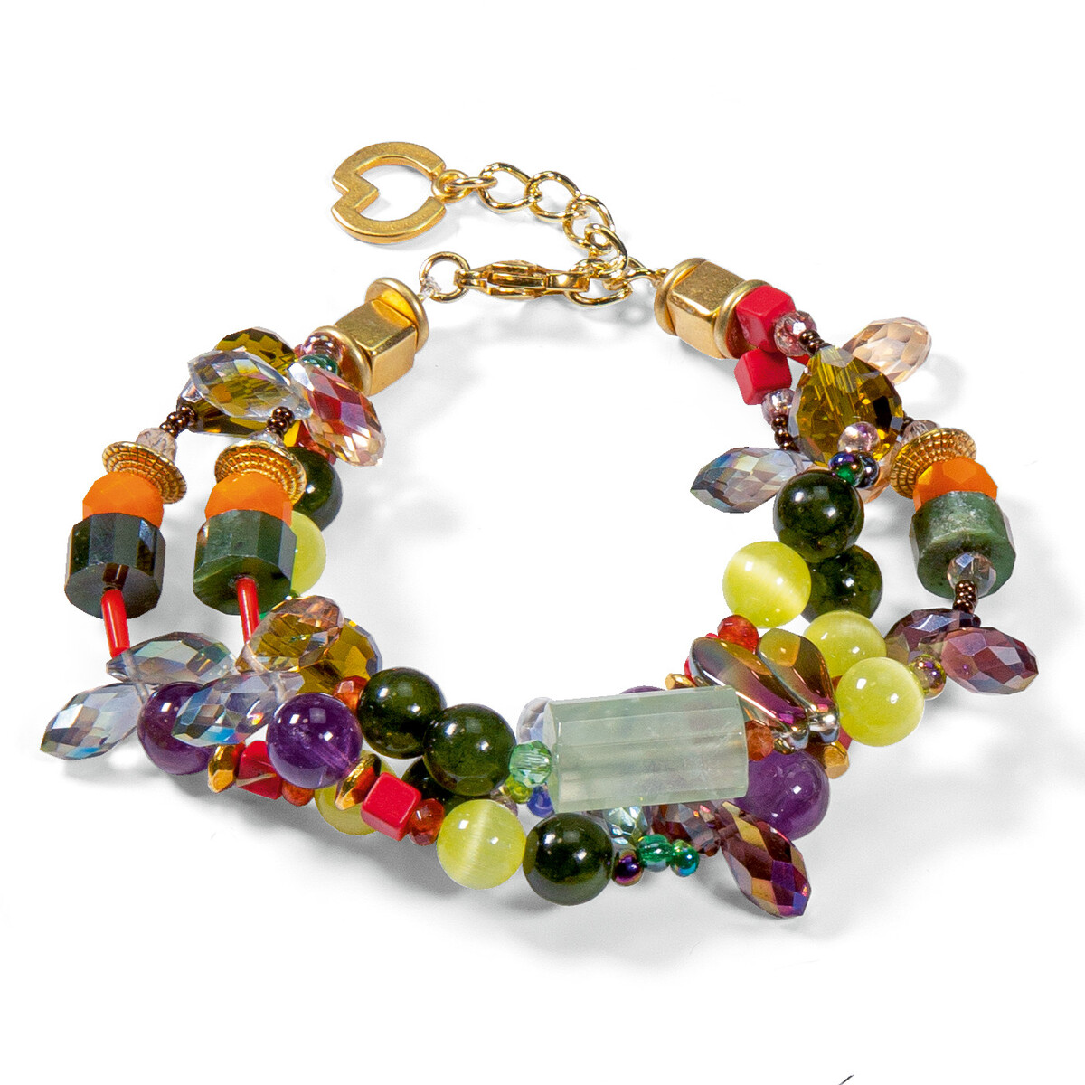 Buntes Schmuckset von Petra Waszak mit einer Kombination aus Edelsteinen und Perlen, bestehend aus einer Halskette und einem Armreif, mit auffälligen Farben wie Grün, Gelb, Rot, Orange, Lila und Gold.