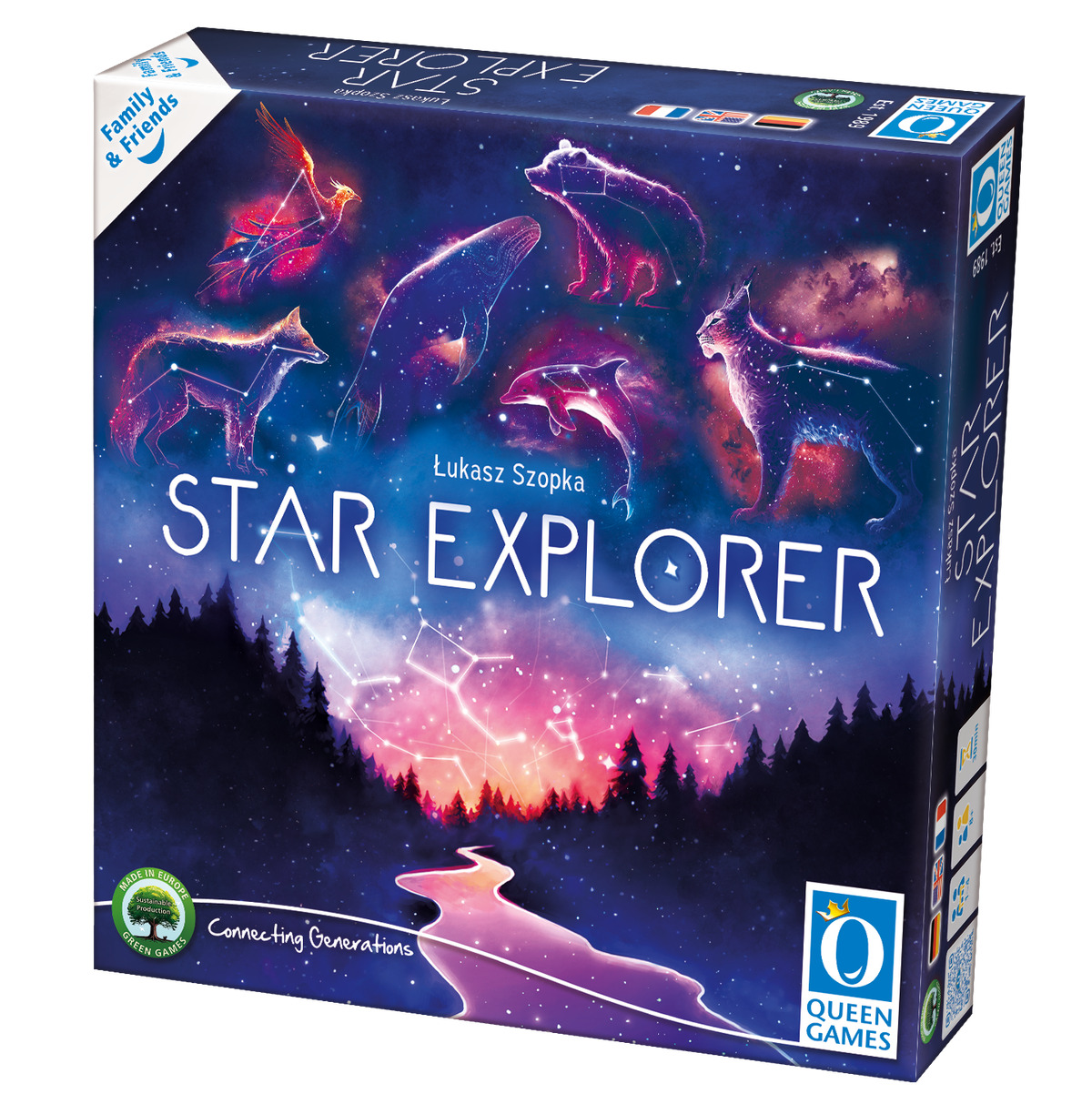 Die Verpackung des Brettspiels 'Star Explorer' zeigt leuchtende Tierfiguren und Sternbilder vor einem farbenfrohen, nächtlichen Himmel. Im Vordergrund ist ein stilisierter Fluss, dahinter Wälder und der Schriftzug des Spiels. Verschiedene Tiere, darunter Wölfe, Bären und ein Hirsch, sind als Sternenkonstellationen dargestellt. Das Spiel ist für Familien und Freunde geeignet.