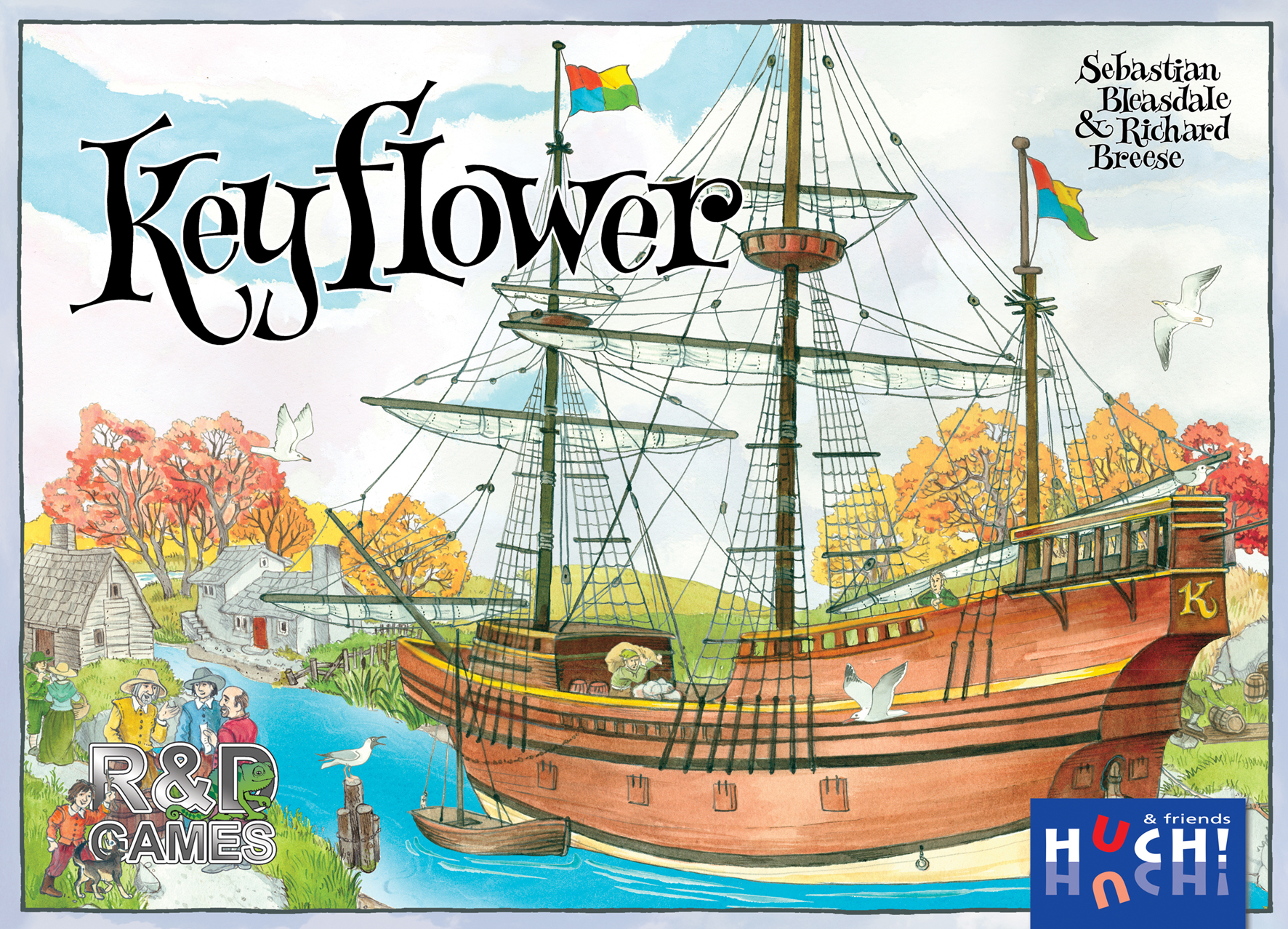 Das Bild zeigt die Verpackung des Brettspiels Keyflower. Im Vordergrund ist ein großes Holzschiff mit weißen Segeln an einem Flussufer zu sehen. Im Hintergrund befinden sich ein kleines Dorf mit Fachwerkhäusern, Bäumen und grünen Wiesen. Die Farben sind vorwiegend natürlich und hell. Die Schachtel enthält außerdem die Namen der Autoren sowie das Logo des Verlags Huch! & friends.