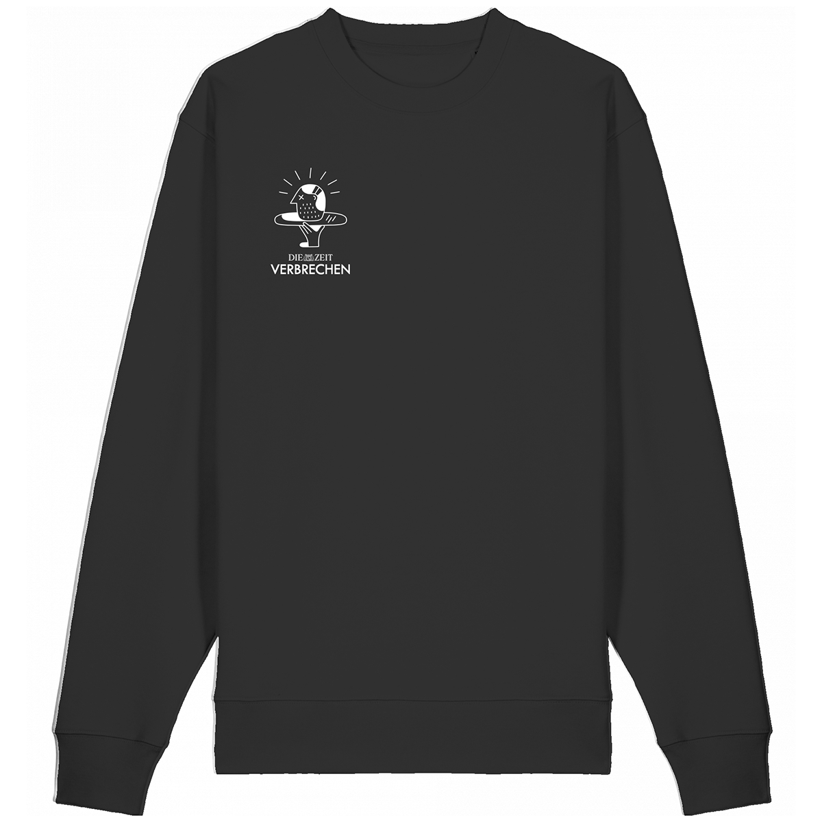 Schwarzer ZEIT-Verbrechen Sweater mit kleinem weißen Logo und Schriftzug auf der linken Brustseite, präsentiert auf neutralem Hintergrund. Unisex-Schnitt, aus weichem Material, ideal für Fans von True-Crime-Podcasts.