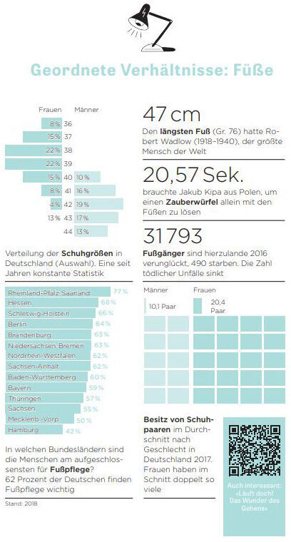 Ein Ausschnitt aus der Zeitschrift ZEIT WISSEN zeigt eine Infografik zum Thema Füße und Schuhgrößen. Die Grafik enthält Diagramme und statistische Daten zur Verteilung der Schuhgrößen in Deutschland, die längste gemessene Fußlänge und andere wissenswerte Fakten. Der Hintergrund ist weiß, die Texte und Grafiken sind hauptsächlich in Hellblau und Schwarz gehalten.