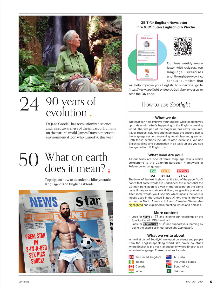 Das Bild zeigt eine Seite des Magazins 'Spotlight Magazin 10/2024'. Oben links ist ein Foto von Jane Goodall, daneben ein QR-Code zur Anmeldung für den Englisch Newsletter. Die Seite enthält Artikel über die Evolution (24) und die Bedeutung von Sprache (50). Unten links das Cover des Magazins mit dem Titel 'News Star'.