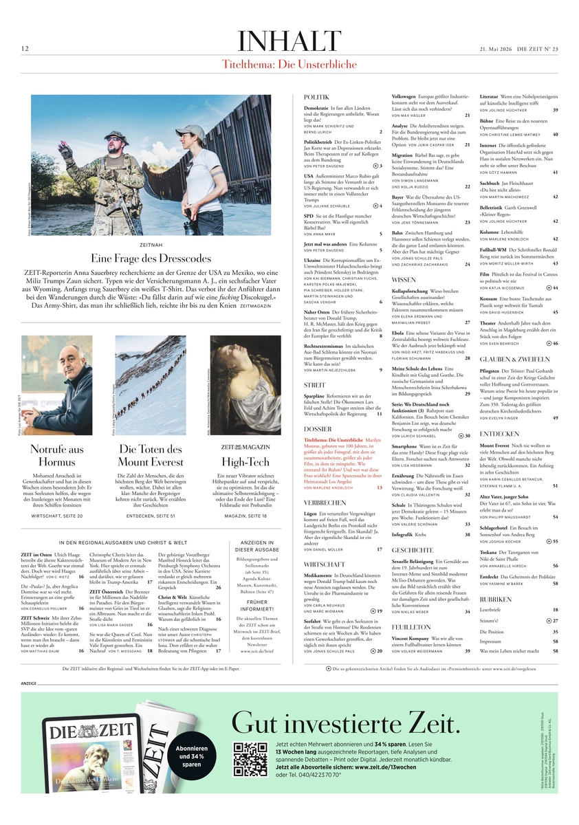 Seite einer DIE ZEIT-Ausgabe mit dem Titel 'INHALT'. Oben steht ein Foto zweier Personen in Militärkleidung, darunter weitere Artikelbilder und Texte. Rechts eine Liste der Hauptartikel, unten Werbung für ein DIE ZEIT-Abo. Die Gestaltung ist klar, mit dominanten Weißflächen.