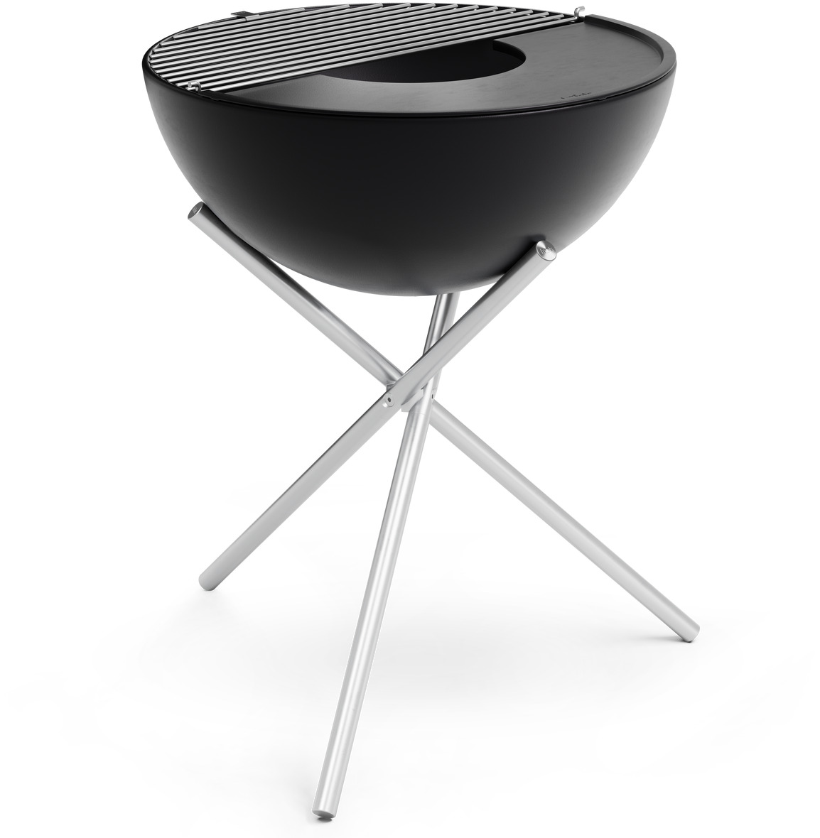 Ein moderner Grillrost aus Edelstahl der Marke »BOWL«. Der Grill hat eine schalenförmige Gestaltung mit drei gekreuzten Standbeinen aus silbernem Edelstahl und eine schwarze Grillfläche.