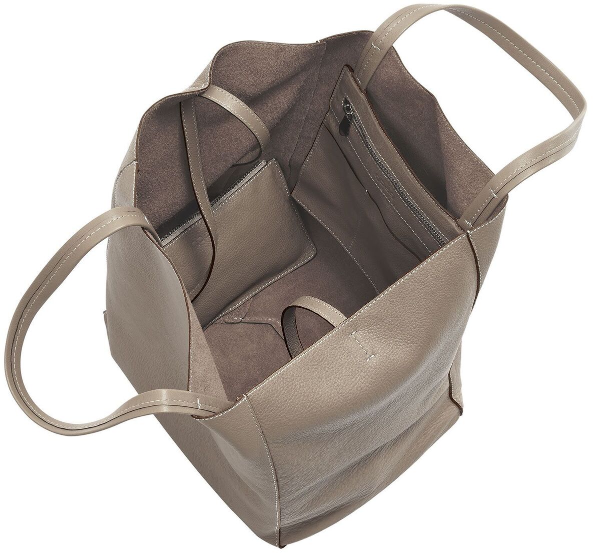 Eine elegante und minimalistische Handtasche aus beigem Leder mit geräumigem Innenfach und Innentasche mit Reißverschluss. Ideal für den täglichen Gebrauch.