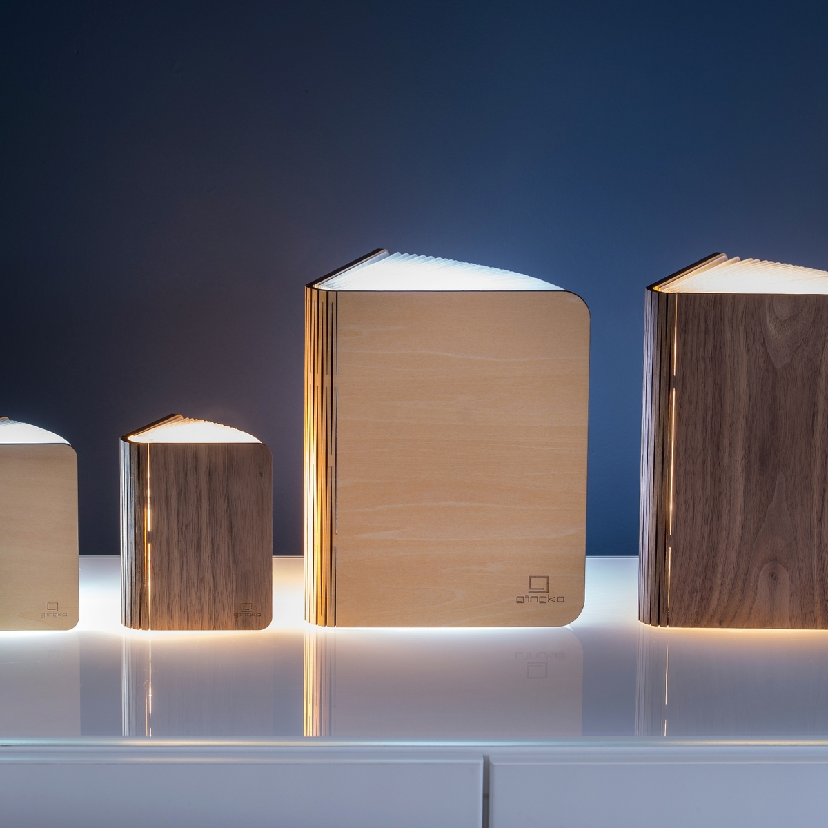 Das Bild zeigt vier Smart-Booklights »Ahorn« in verschiedenen Größen. Diese sind in Holzoptik gehalten und strahlen ein warmes, weißes Licht aus. Die Lampen sind wie Bücher gestaltet und sind auf einer weißen Oberfläche vor einem dunkelblauen Hintergrund platziert. Rechts im Bild ist eine kleine grüne Pflanze zu sehen.
