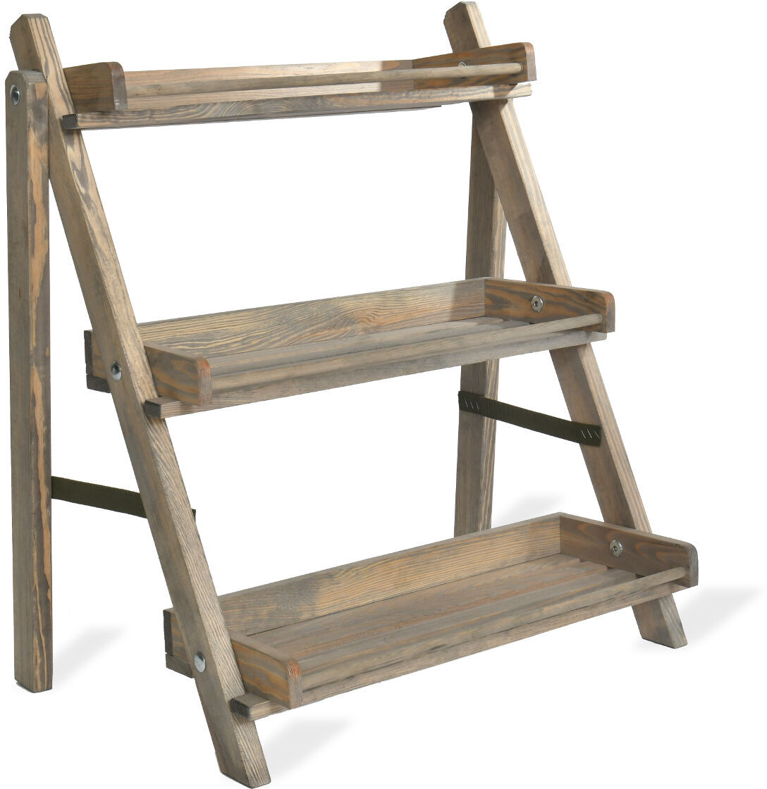Eine rustikale Blumentreppe aus Holz mit drei Stufen, ideal zum Präsentieren von Pflanzen und Dekoration im Innen- und Außenbereich.