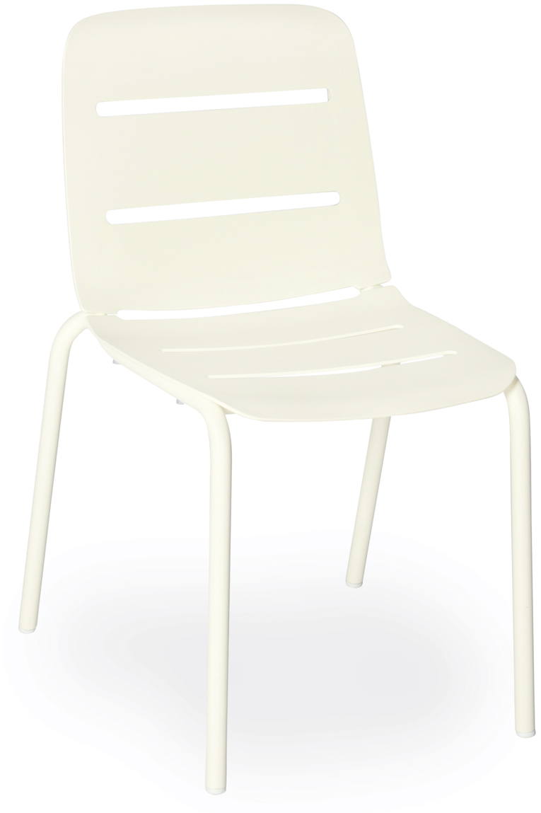 Ein einfacher weißer Stuhl mit einem minimalistischem Design, geeignet für Innenbereiche wie Büros, Esszimmer oder Küchen.