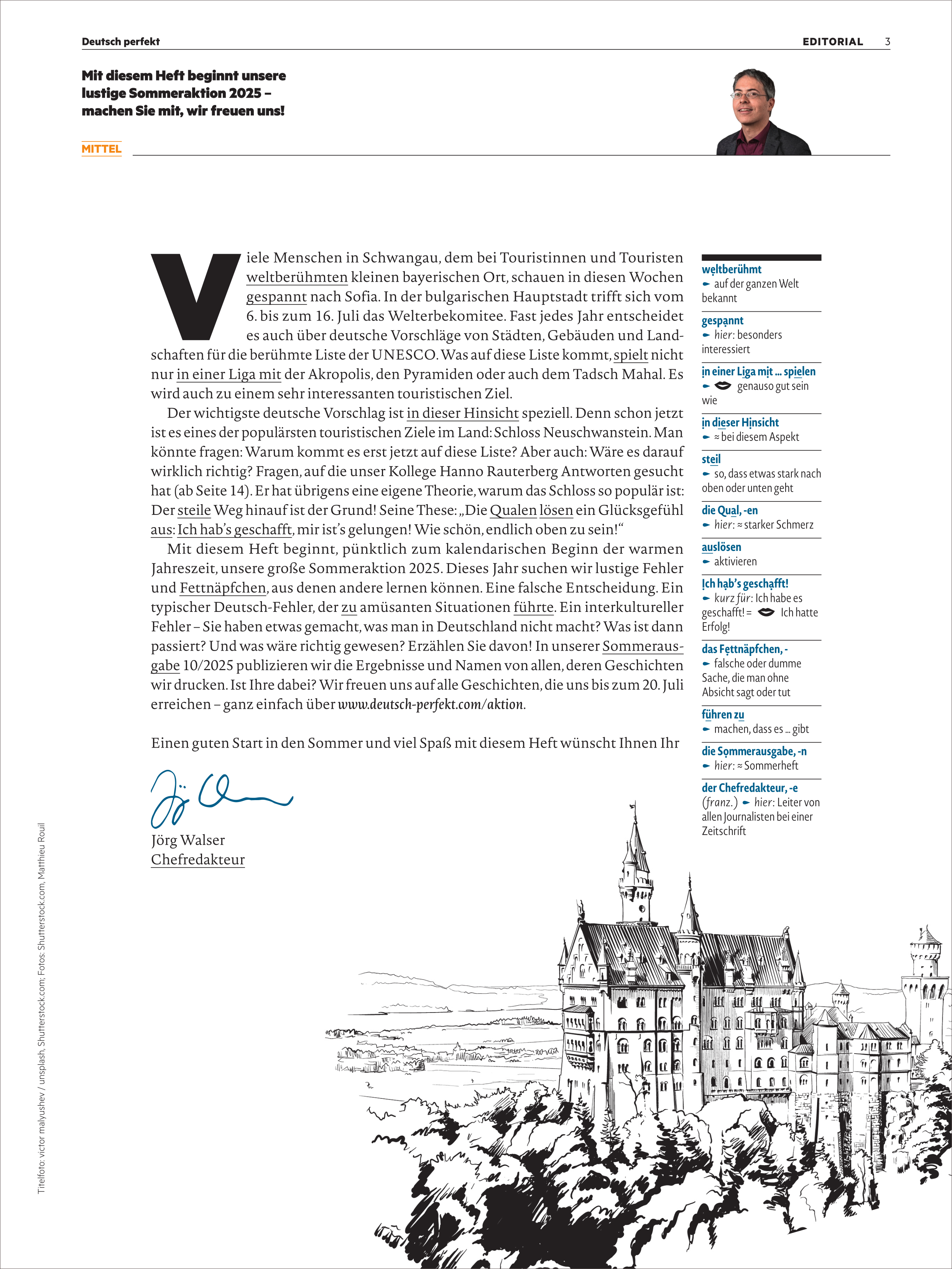 Titelseite des Magazins 'Deutsch perfekt 8/2025' mit einem Editorial, einem Porträtfoto des Chefredakteurs und einer schwarz-weißen Zeichnung von Schloss Neuschwanstein am unteren Rand. Der Text steht auf weißem Hintergrund, einige Textabschnitte und Überschriften sind farblich hervorgehoben.