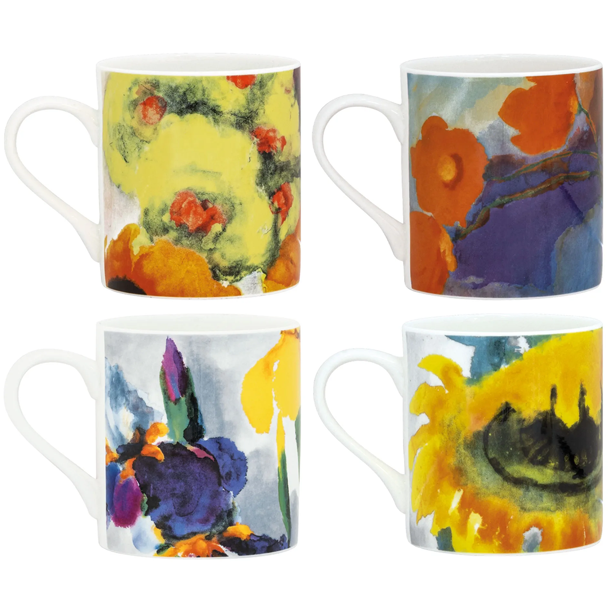 Vier Porzellanbecher der Marke Ars mundi, dekoriert mit farbenfrohen Künstlermotiven von Emil Nolde aus dessen Serie "Sommerblumen". Jeder Becher zeigt ein anderes florales Motiv in kräftigen Gelb-, Blau-, Rot- und Lilatönen auf weißem Porzellan.
