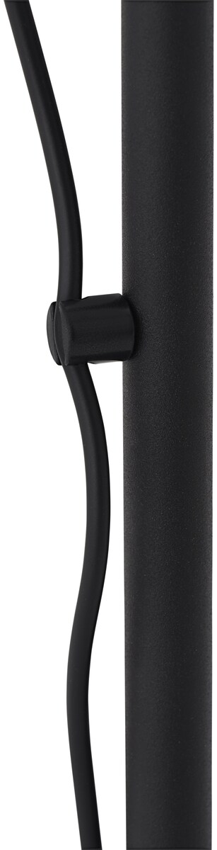 Nahaufnahme einer schwarzen Bodenlampe »Post« mit einem schlichten, modernen Design. Die Lampe hat ein dünnes, elegantes Kabelmanagement.