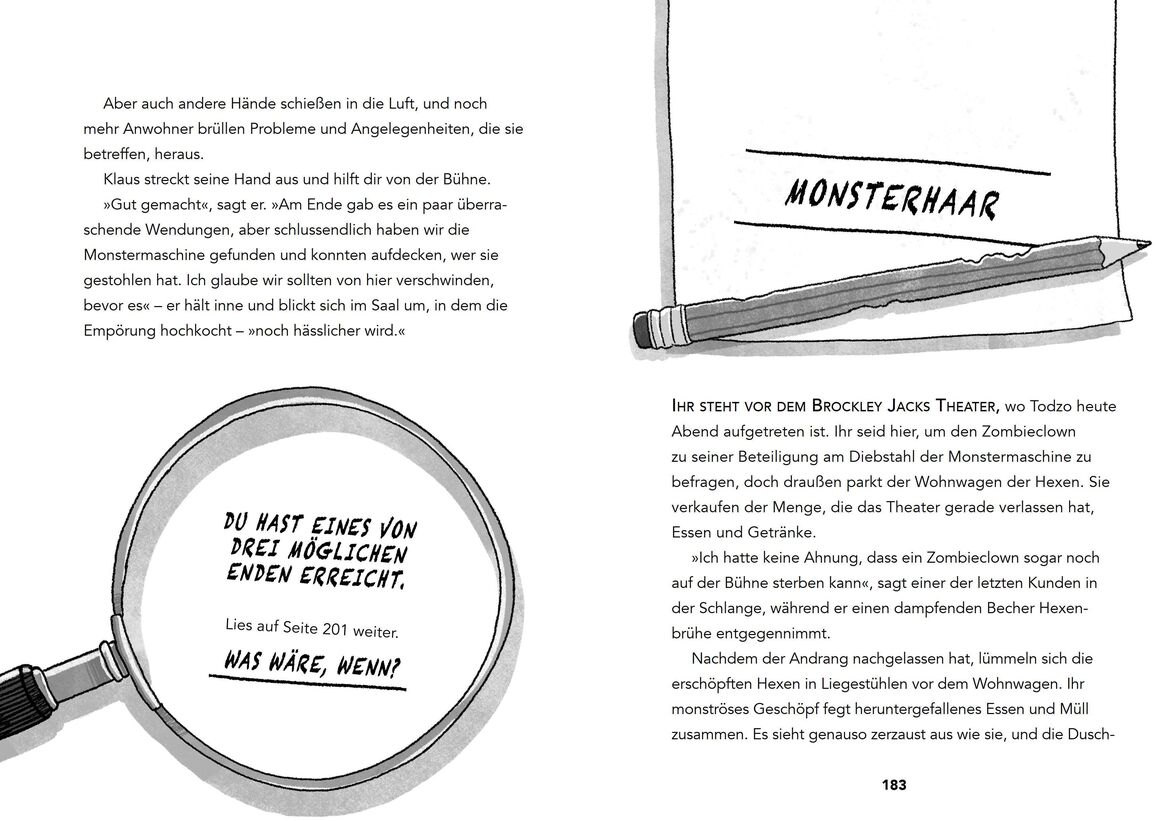 Aufgeschlagenes Buch 'Jones, Gareth, P.: Ein Fall für DICH - Die Monster-Maschine' mit Schwarzweißillustrationen und Textauszügen. Unter anderem ist eine Lupe zu sehen, die auf eine Notiz zeigt, sowie ein Stift und der Schriftzug 'MONSTERHAAR'.
