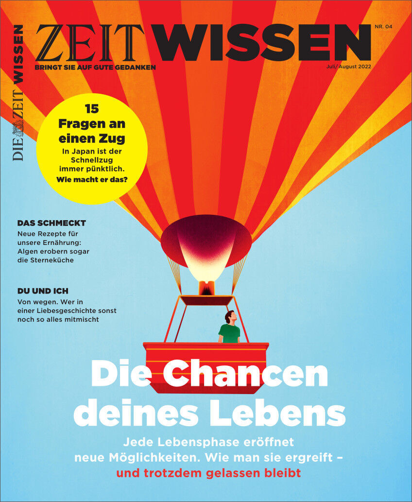 Cover der Zeitschrift ZEIT WISSEN Ausgabe 4/22 mit dem Titel Die Chancen deines Lebens. Das Cover zeigt eine farbenfrohe Illustration eines Heißluftballons sowie mehrere Artikelvorschauen.