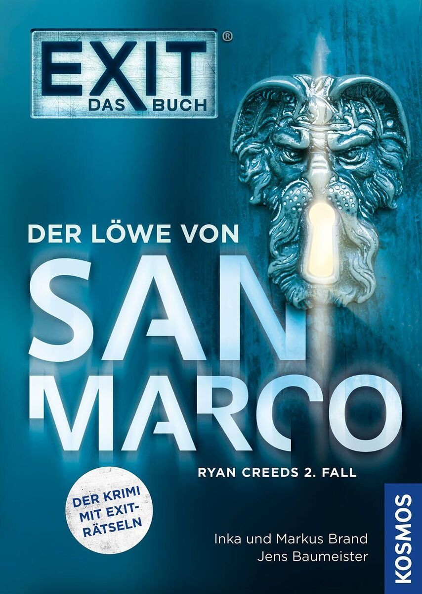 Buchcover von 'EXIT® - Das Buch: Der Löwe von San Marco' zeigt Schriftzug in blauen Tönen, Löwenkopf und Autoren Inka und Markus Brand, Jens Baumeister. Enthält Hinweise auf Krimi und Rätsel.