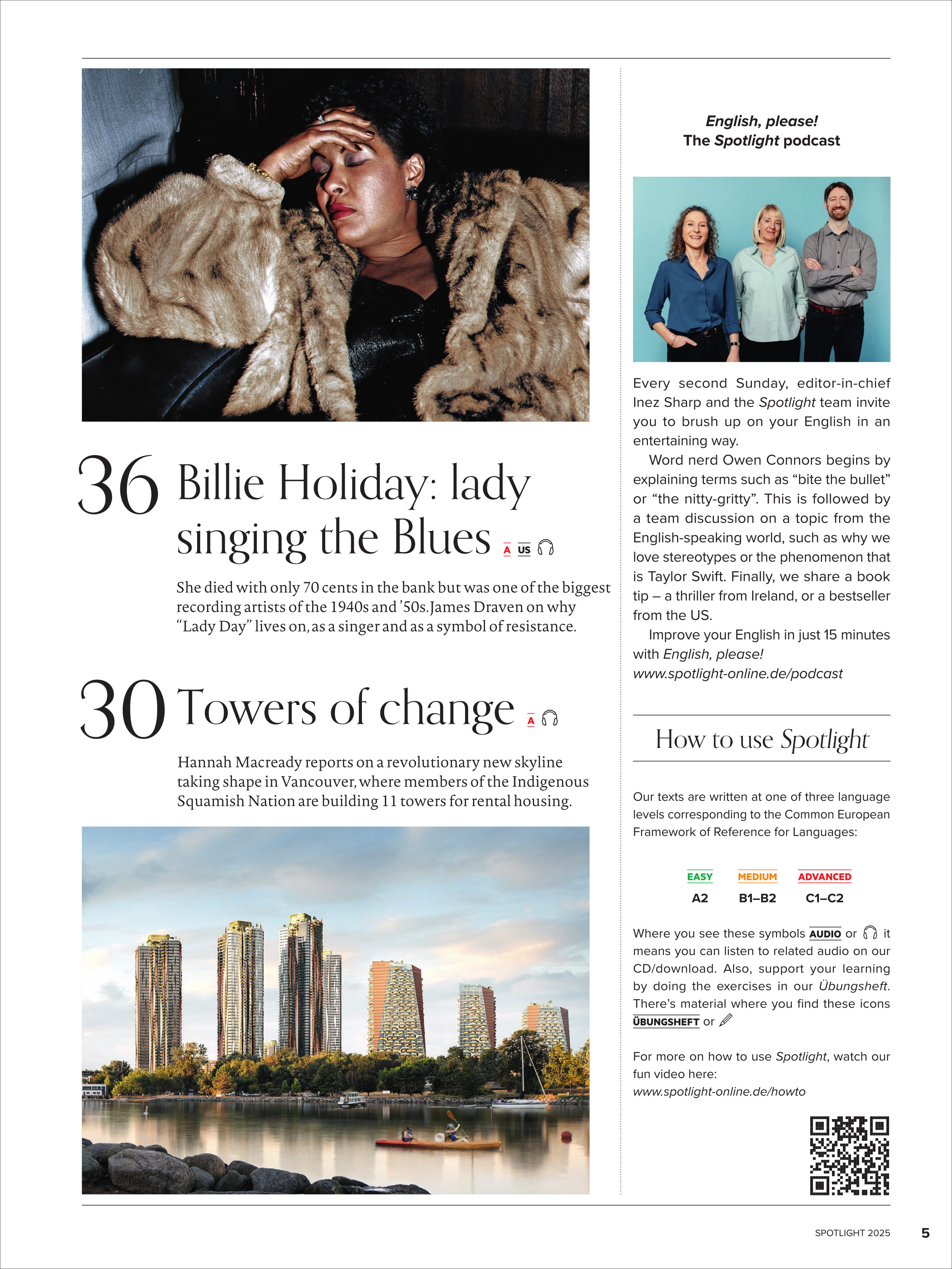 Titelseite des Spotlight Magazins Ausgabe 11/2025 mit einem Porträt einer Frau im Oberkörperausschnitt, Textbeiträgen zu Billie Holiday und modernen Wohntürmen in Vancouver. Oben ist ein englischer Textausschnitt zu einem Podcast sichtbar. Die Seite verwendet helle und gedeckte Farben mit kontrastreichen fotografischen Elementen, Layout in klarer, gut lesbarer Schrift.