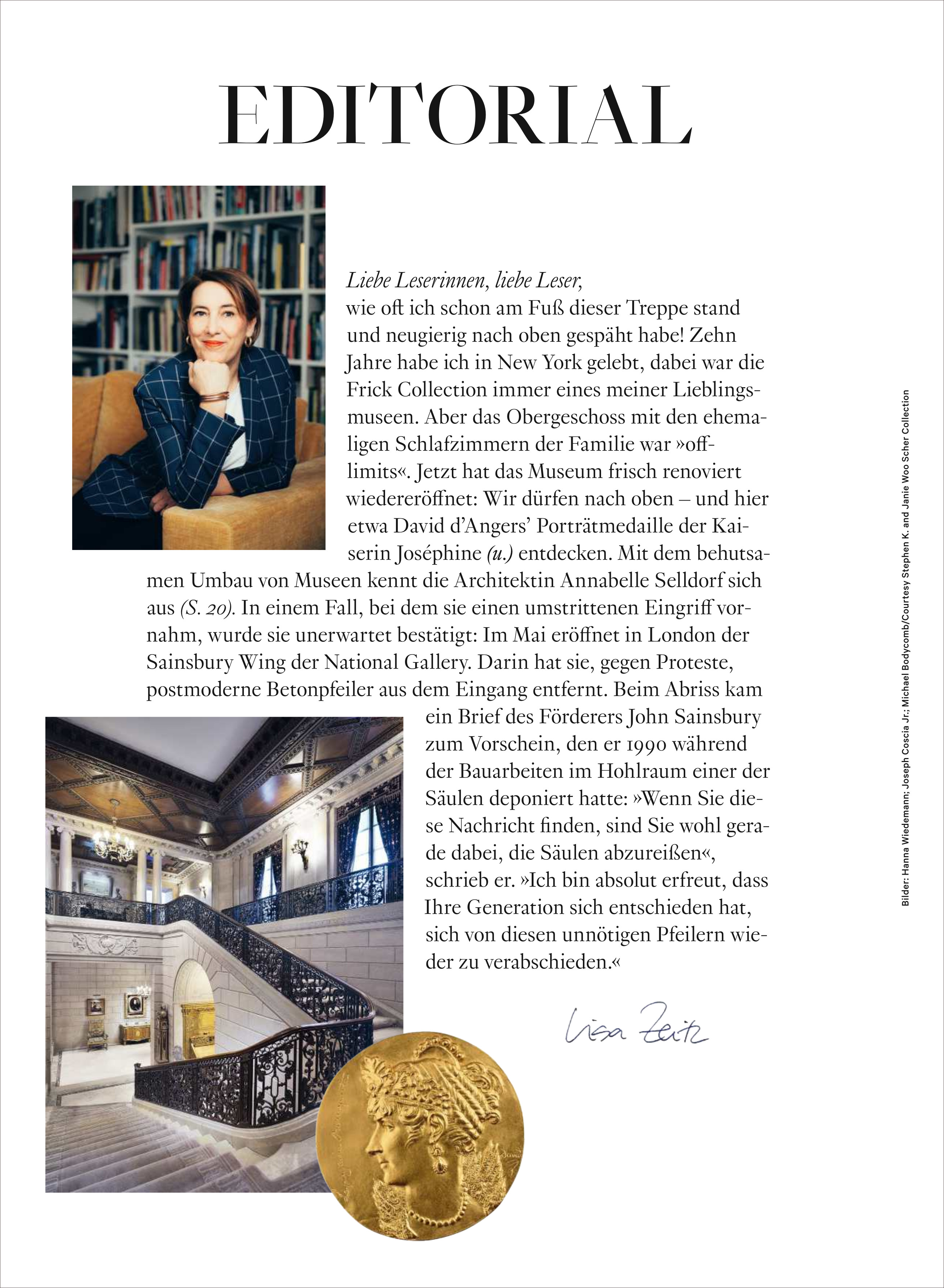 Seite eines Magazins mit dem Titel 'Editorial', einem Porträt einer Person, einem goldenen Medaillon und einem Bild einer kunstvollen Treppe in einem alten Gebäude. Der Text richtet sich an Leser von Weltkunst und beschreibt interessante historische und kulturelle Themen.