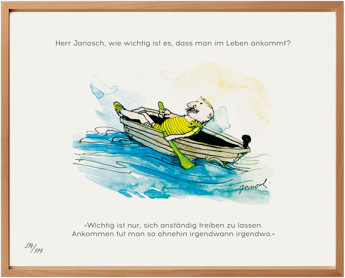 Gerahmtes Kunstwerk mit einer Illustration von Herr Janosch, der in einem Boot auf dem Wasser treibt. Über und unter dem Bild befinden sich Zitate in deutscher Sprache. Der Rahmen besteht aus Holz.