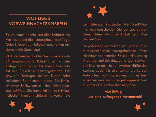 Eine Adventskarte von ZEIT Verbrechen mit dem Titel 'Wohliges Vorweihnachtskribbeln'. Die Karte hat einen schwarzen Hintergrund, orangefarbene Sterne und weißen Text, der spielerische, kriminalistische Rätsel während der Adventszeit beschreibt.