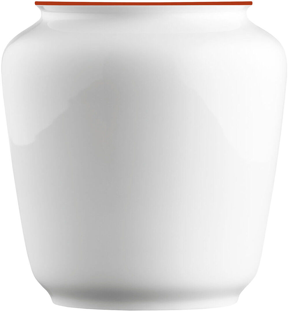 ZEIT-Sonderedition »Wagenfeld Vase 639/14« von Fürstenberg, weiße Porzellanvase mit schlichter, klassischer Form und einem schmalen roten Rand am oberen Rand.