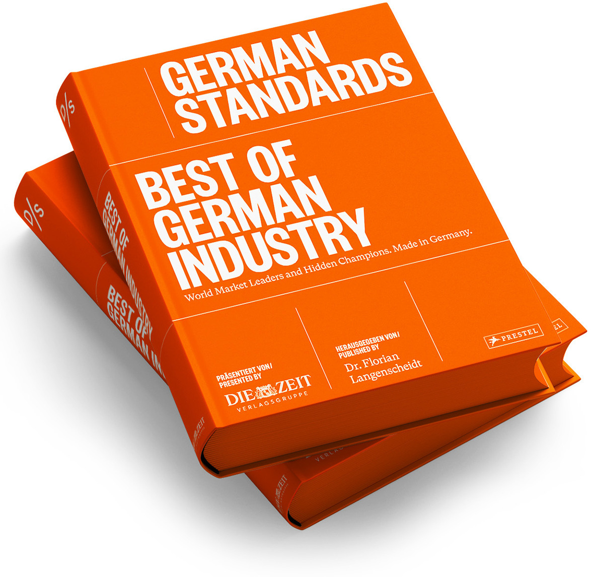 Das Bild zeigt zwei orangefarbene Bücher mit dem Titel „Best of German Industry“. Oben auf dem Einband steht „German Standards“ und darunter befindet sich ein Text über Weltmarkführer und Hilfen für Unternehmen. Der Buchrücken enthält Logos und den Namen des Autors.