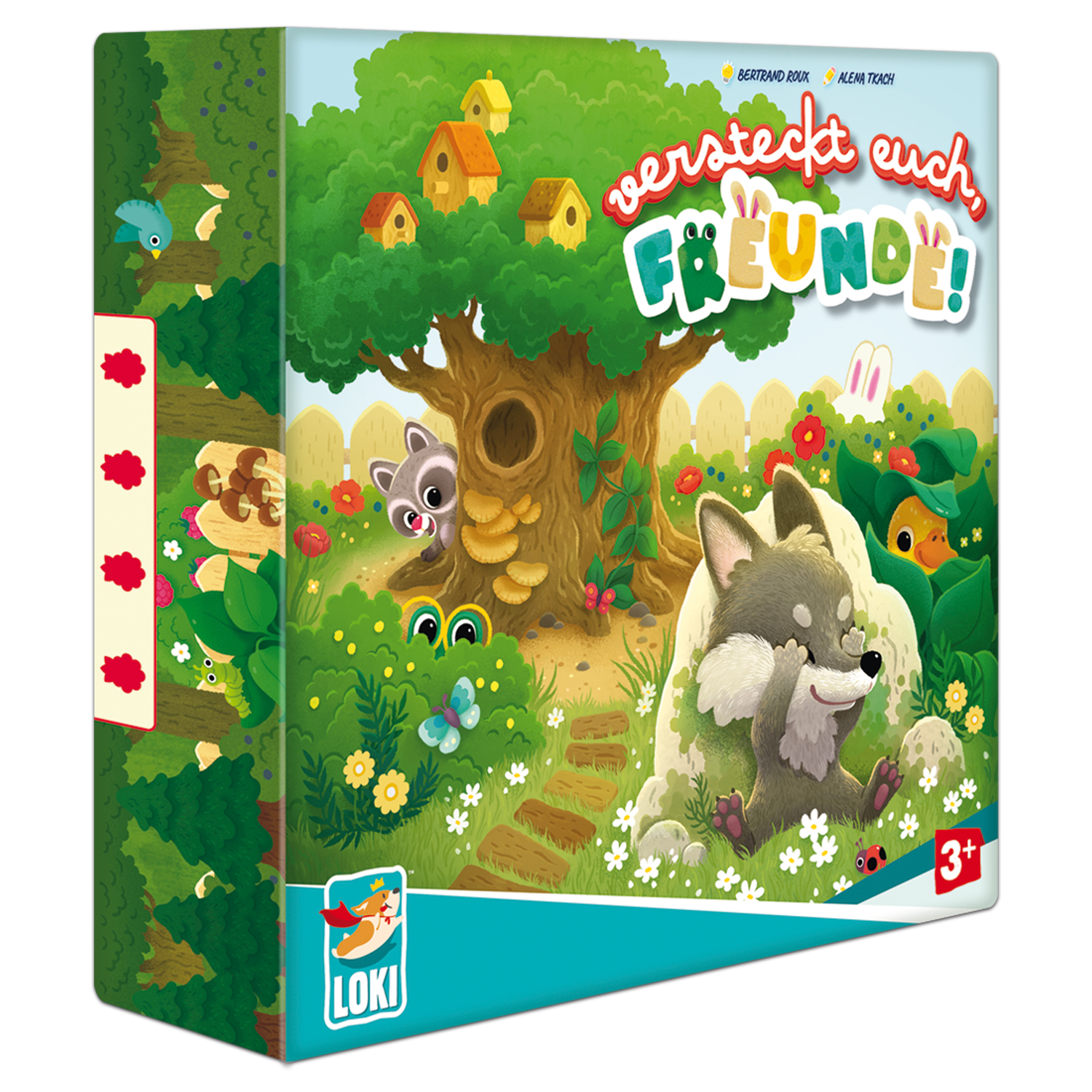 Schachtel des Kinderspiels 'Versteckt euch, Freunde!' zeigt eine bunte Waldszene mit lachendem Fuchs, weiteren Tieren, Blumen, Vogelhäusern und grünem Baum. Farbenfrohes, freundliches Design für Kinder ab 3 Jahren.