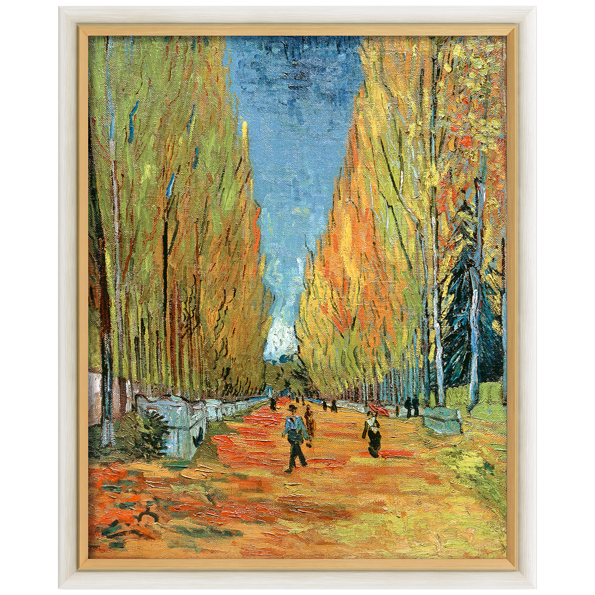 Kunstdruck des Gemäldes „L'Allée des Alyscamps“ von Vincent van Gogh. Ein herbstlicher Parkweg mit vom Sonnenlicht beleuchteten goldgelben und orangeroten Bäumen säumt rechts und links eine Allee, entlang der dunkel gekleidete Spaziergänger flanieren. Gerahmt in weiß-goldenem Massivholz, Format 78x64 cm.