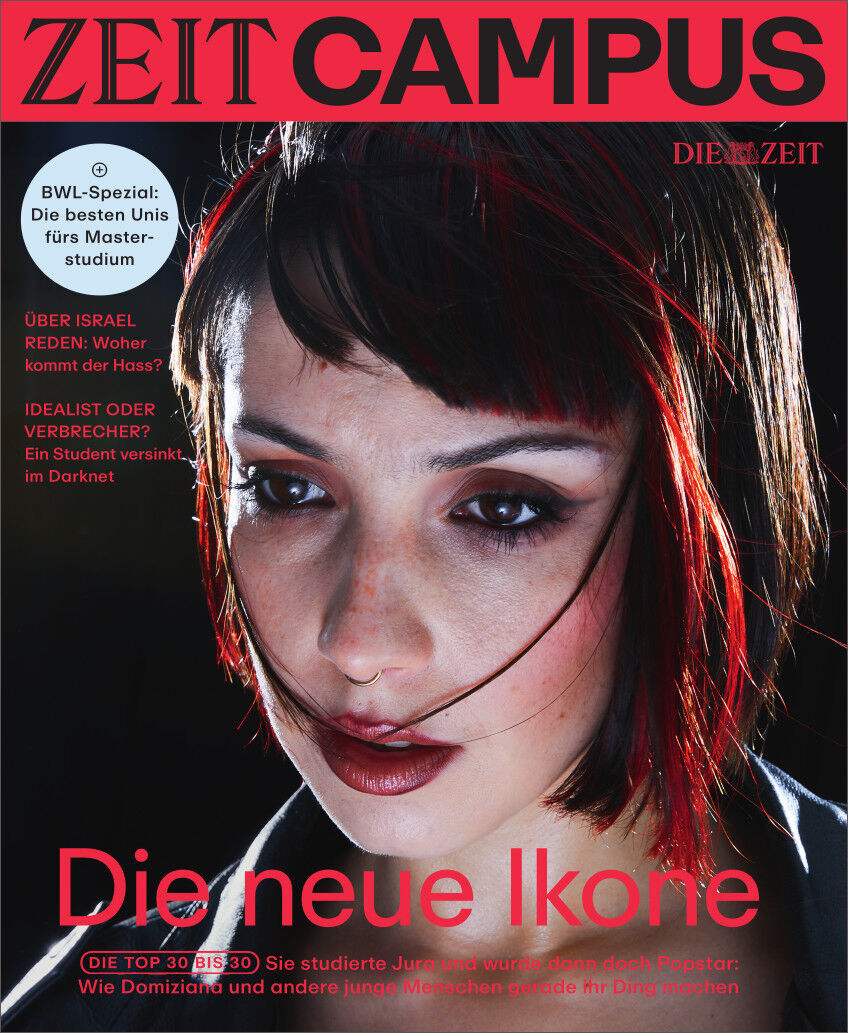 Cover der Zeitschrift ZEIT CAMPUS 1/24 mit dem Titel 'Die neue Ikone'. Es zeigt ein Porträt einer Frau mit roten Lippen. Schlagzeilen betreffen Hochschulen, Masterstudium und verschiedene Artikel.