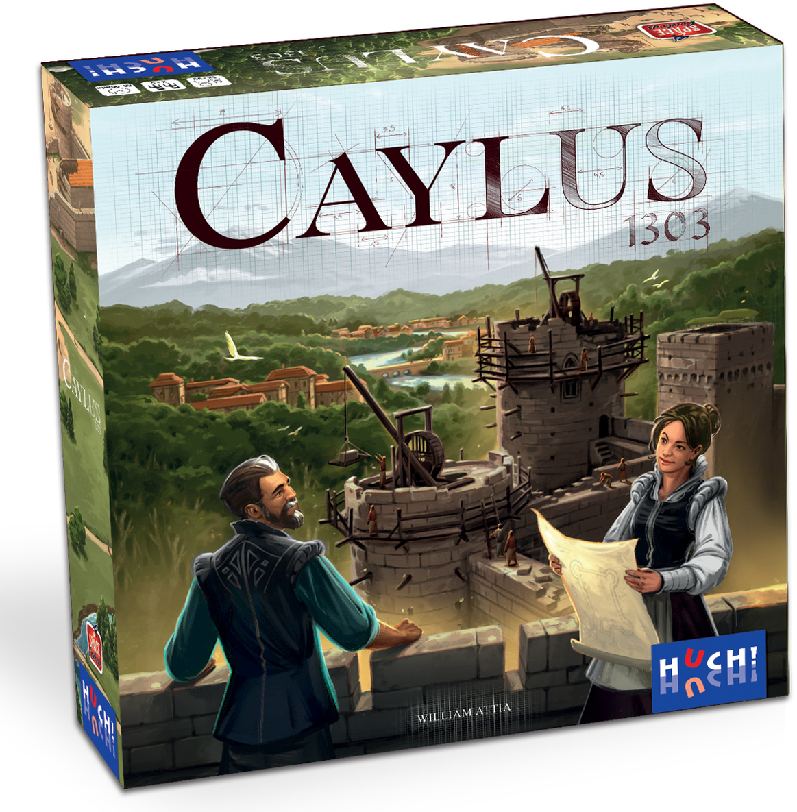 Die Verpackung des Brettspiels »Caylus 1303« zeigt im Vordergrund zwei mittelalterlich gekleidete Personen, die vor einer im Bau befindlichen Burg stehen und eine Karte betrachten. Der Hintergrund illustriert eine grüne, bewaldete Landschaft mit weiteren Gebäuden. Das Logo des Herstellers HUCH! ist auf der Schachtel sichtbar.